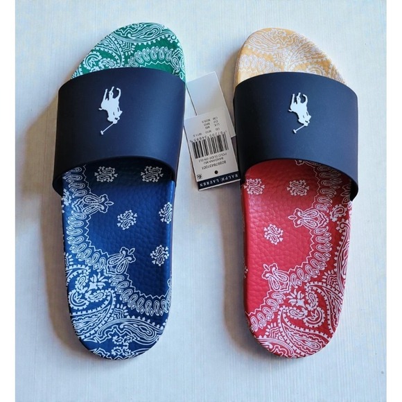 Polo Ralph Lauren Paisley Bandana Color-Block Big Pony Slide Men's Size 11 NWT